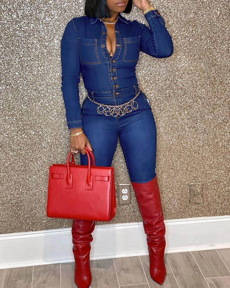 BUTTONED DOWN WITH POCKET DENIM JUMPSUIT