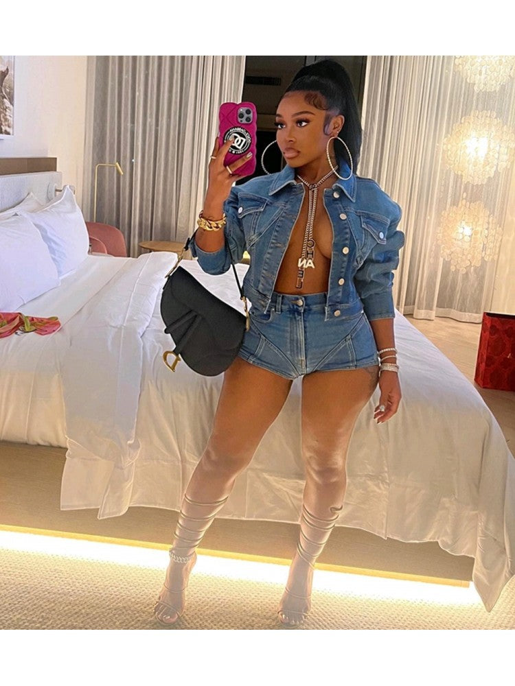 Just Enough Two Piece Denim Short Set