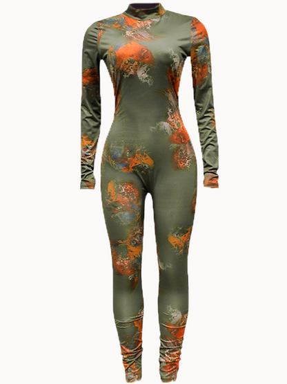 Green Graffiti Print Backless Skinny Jumpsuit