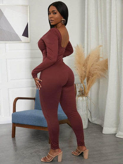 Brown Square Collar Ruched Bodysuit