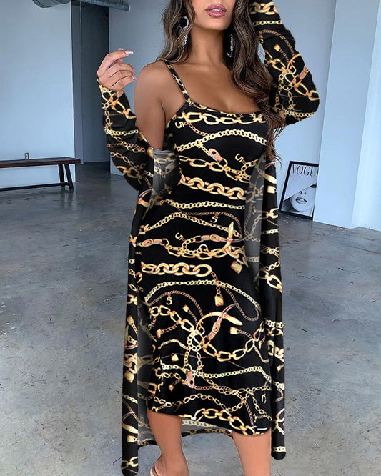 CHAIN PRINT SPAGHETTI STRAP MIDI DRESS WITH CARDIGAN