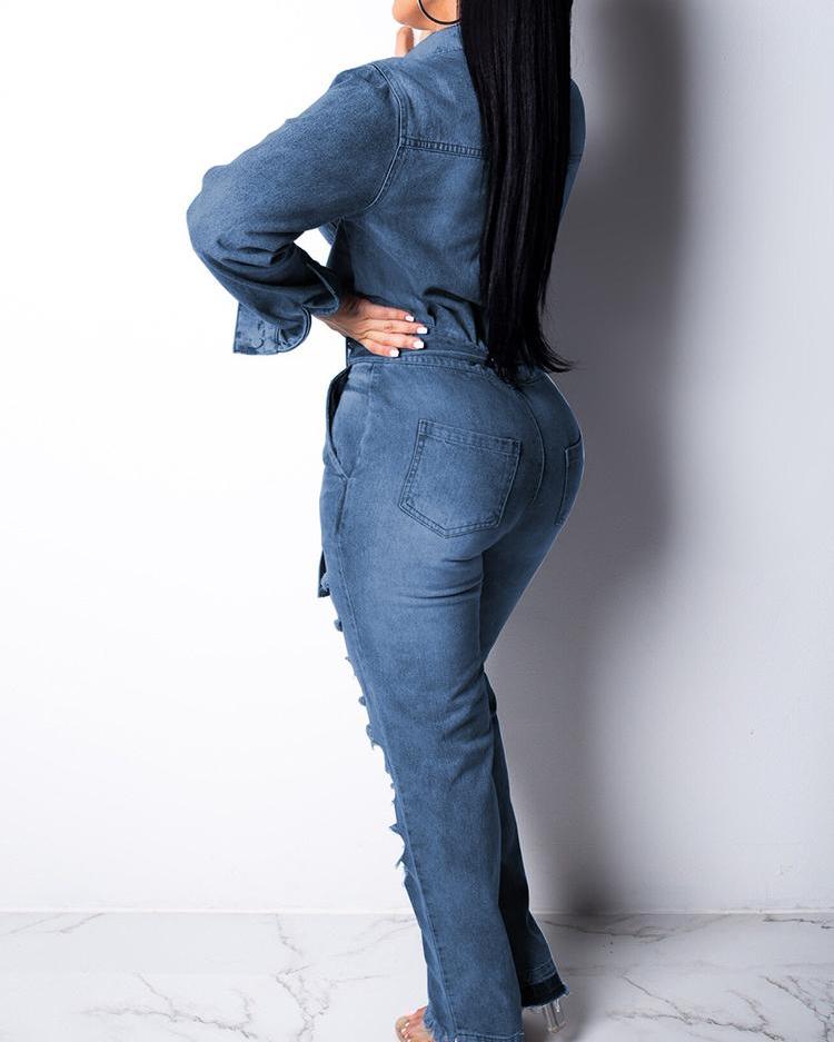 DISTRESSED DENIM JUMPSUIT WITH BELT