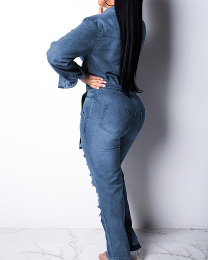 DISTRESSED DENIM JUMPSUIT WITH BELT