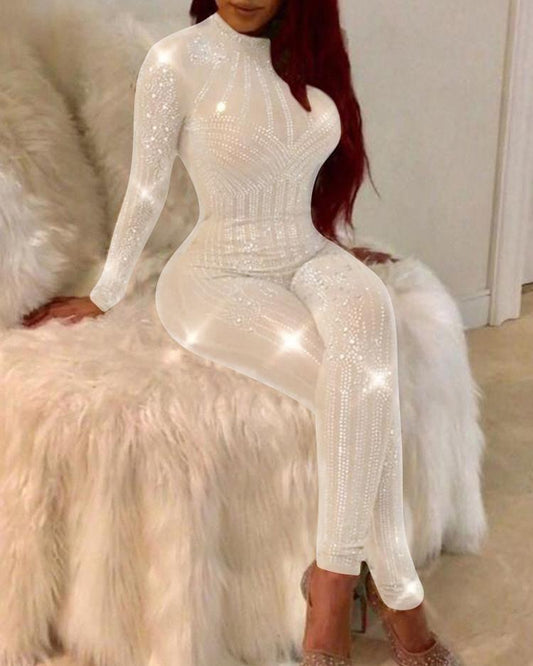 EMBELLISHED MESH JUMPSUIT WITH GLITTER IN WHITE