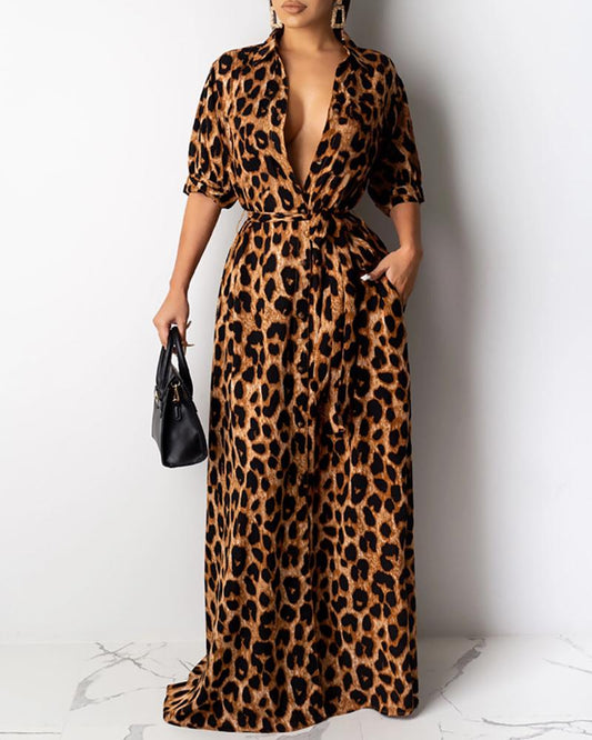 "LEOPARD NEVER CHANGES IT'S SPOT" PLUNGE HALF SLEEVE DRESS