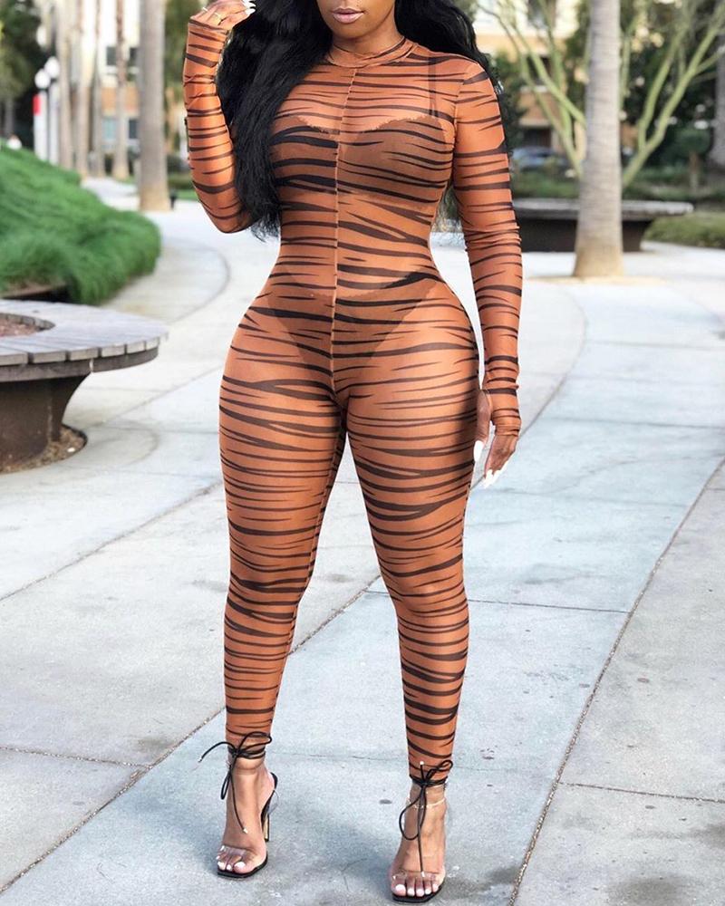 SHEER MOCK NECK ZEBRA PRINT JUMPSUIT