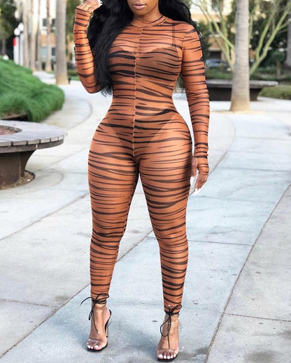 SHEER MOCK NECK ZEBRA PRINT JUMPSUIT