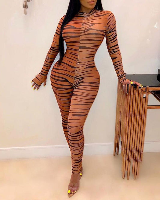 SHEER MOCK NECK ZEBRA PRINT JUMPSUIT