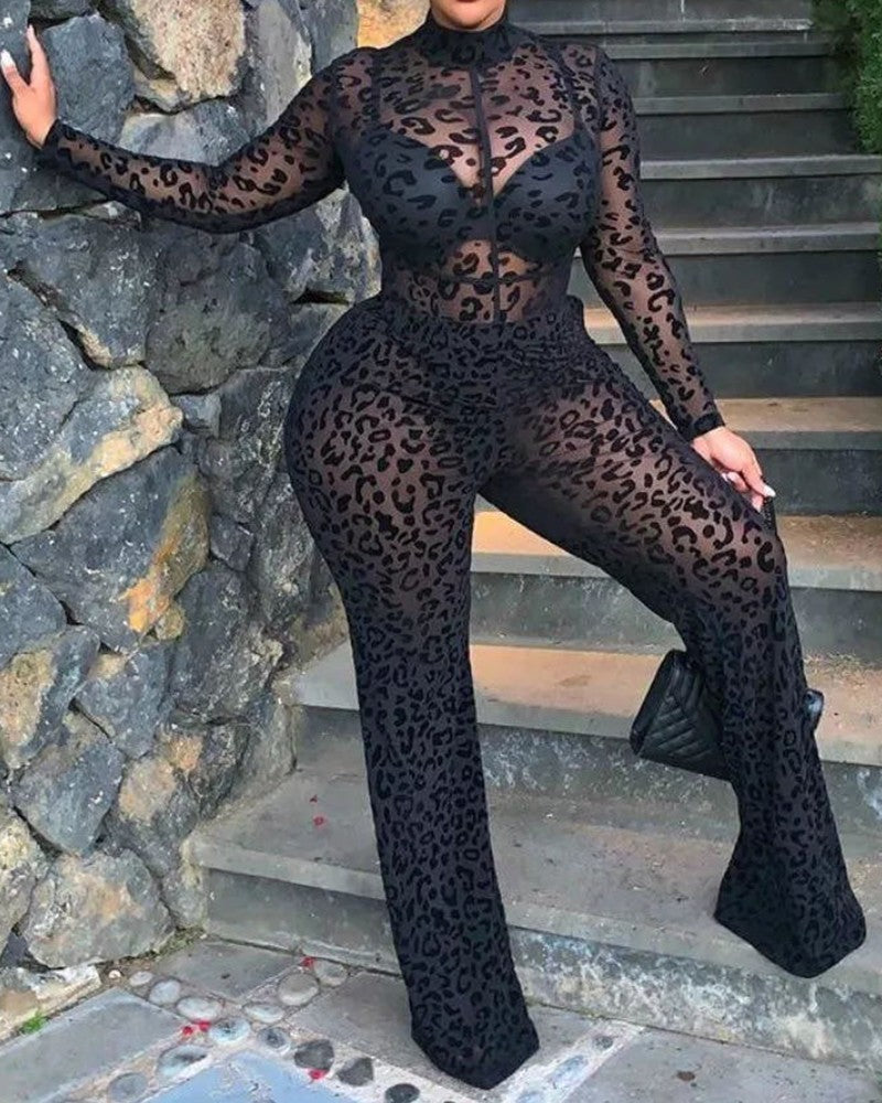 SHEER LEOPARD PRINT JUMPSUIT