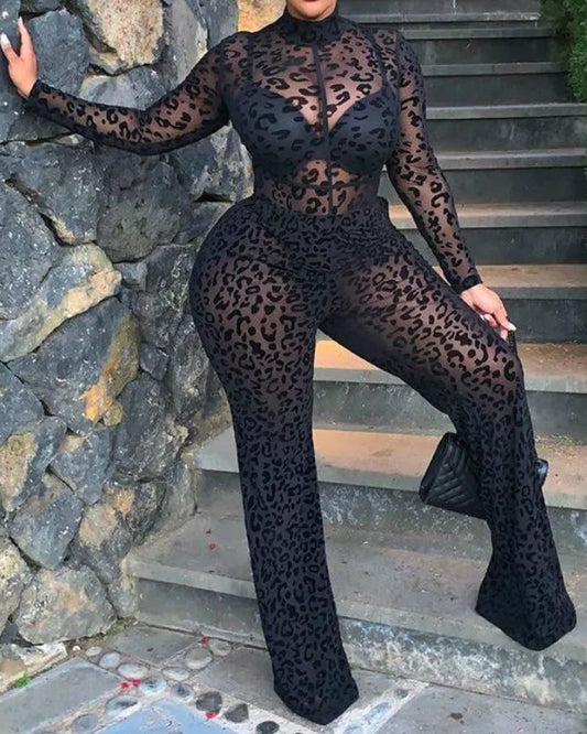 SHEER LEOPARD PRINT JUMPSUIT