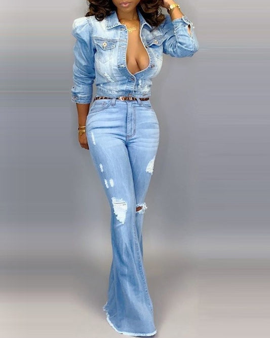 BUTTON UP DENIM JACKET WITH BALLOON SLEEVE