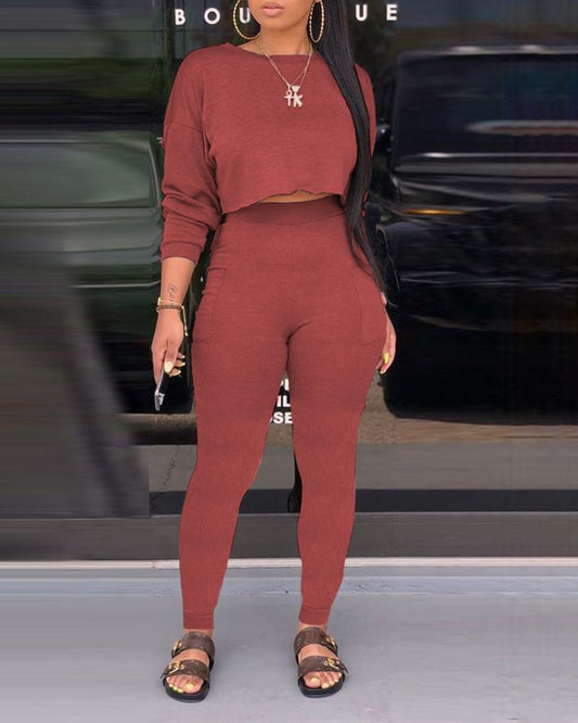 "2 PIECE" LONG SLEEVE TOP AND MATCHING PANT SET IN WINE